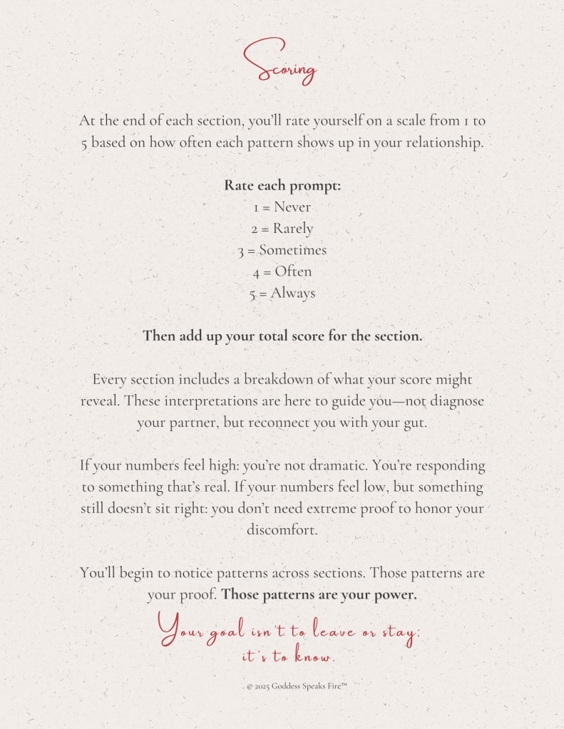 Scoring instructions for Half Loved, Fully Confused journal: rate each prompt from 1 (Never) to 5 (Always) based on relationship patterns, add total score, interpret results, and note patterns as proof. Emphasizes that the goal is to know, not to decide whether to leave or stay.