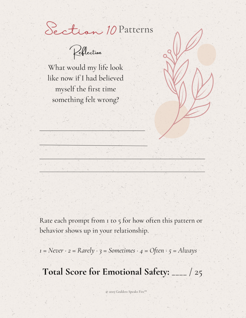 Section 10 of Half Loved, Fully Confused journal: Patterns. Reflection question about how life would look if you believed yourself the first time something felt wrong. Includes scoring scale and space for emotional safety score.