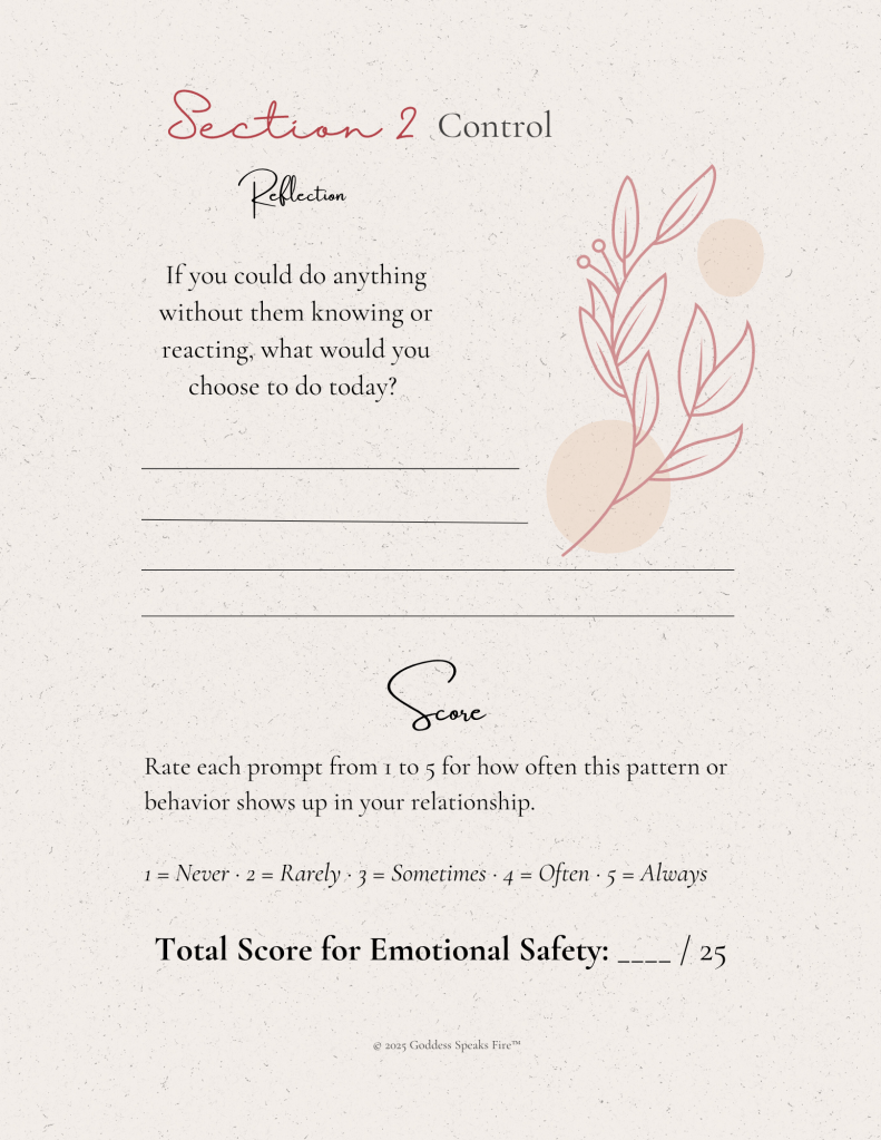 Section 2 of Half Loved, Fully Confused journal: Control. Reflection question about what you would do without partner knowing or reacting. Includes scoring scale from 1 to 5 and space to write total score for emotional safety.