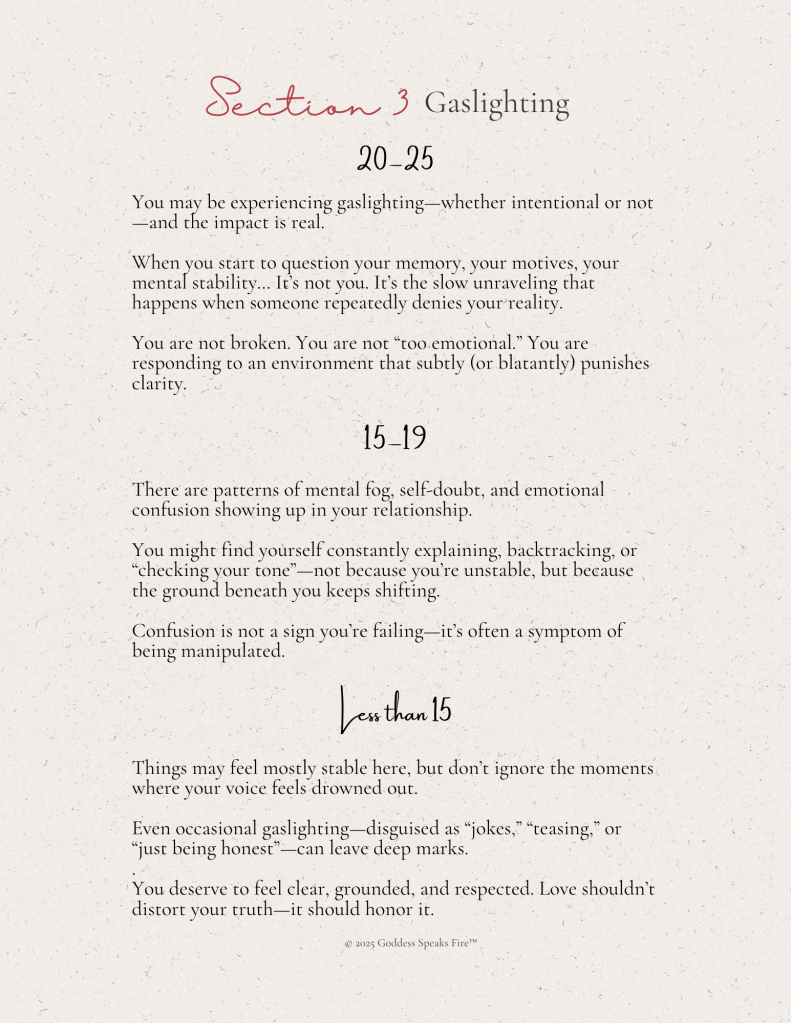 Section 3 of Half Loved, Fully Confused journal: Gaslighting. Score interpretation for ranges 20–25, 15–19, and less than 15. Explains emotional impact of gaslighting, mental fog, confusion, and need for clarity and respect in relationships.