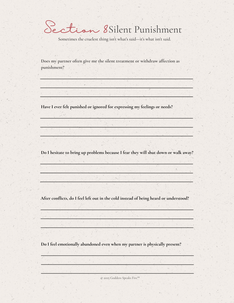 Section 8 of Half Loved, Fully Confused journal: Silent Punishment. Prompts about partner giving silent treatment, ignoring feelings, withdrawing affection, avoiding problems, and causing emotional abandonment.