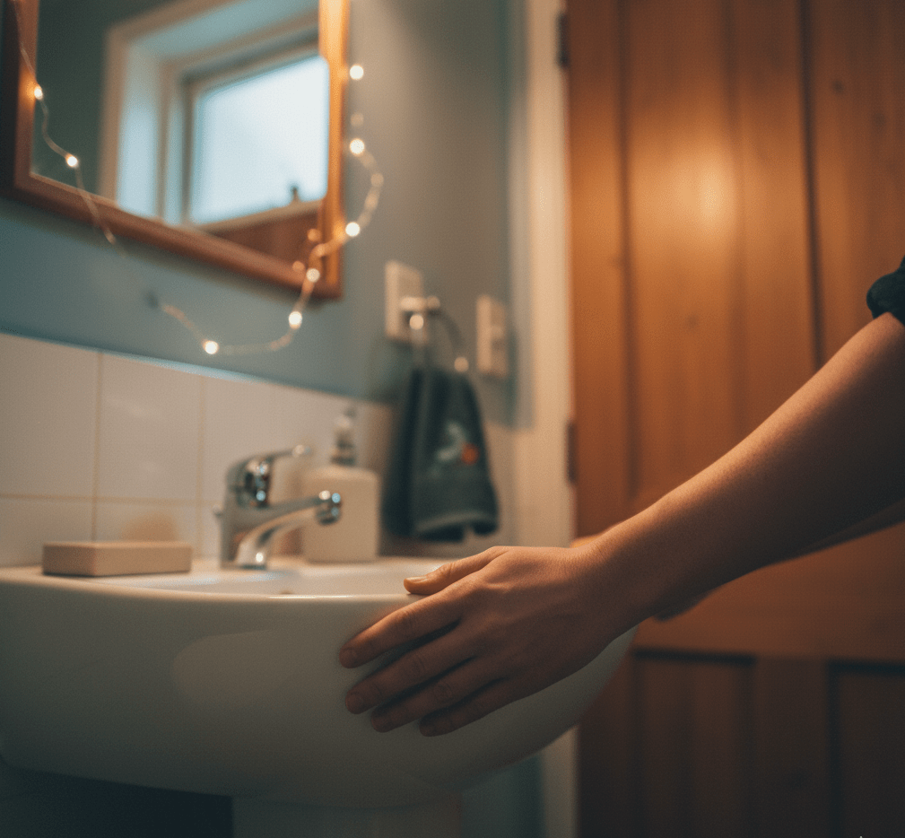 Hands resting on a bathroom sink during a quiet moment, practicing a grounding reset away from a triggering holiday gathering.