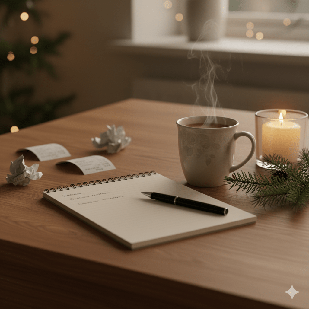 Kitchen table with notebook, receipts, and a mug of tea set for a calming nervous system reset around holiday money stress